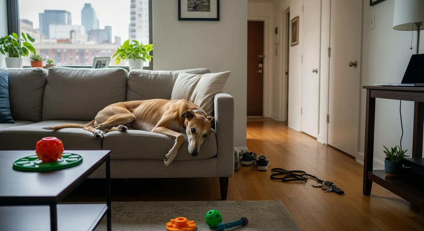 Calm Greyhound resting on a sofa in a quiet city apartment living room.
