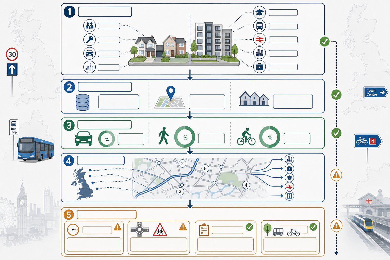 Infographic showing residential development trip generation and planning authority transport triggers in the UK.