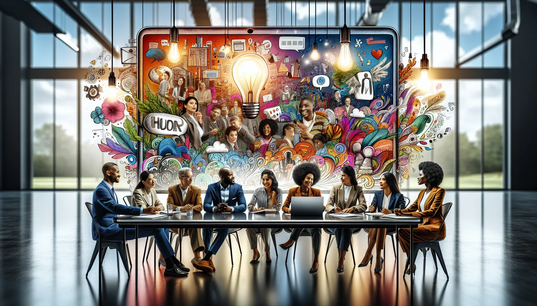 diverse team in a vibrant office discussing creative content themes.