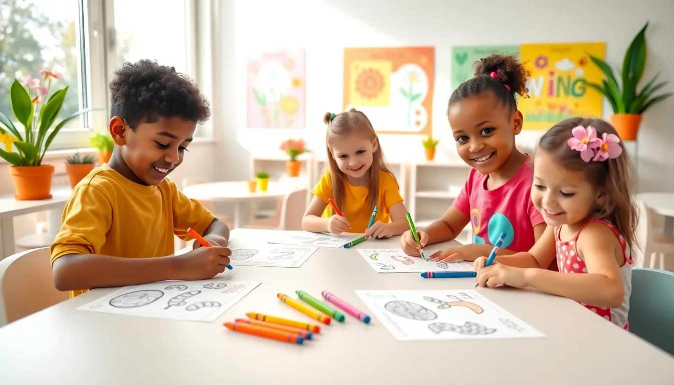 diverse children engaging with spring-themed worksheets in a bright classroom.