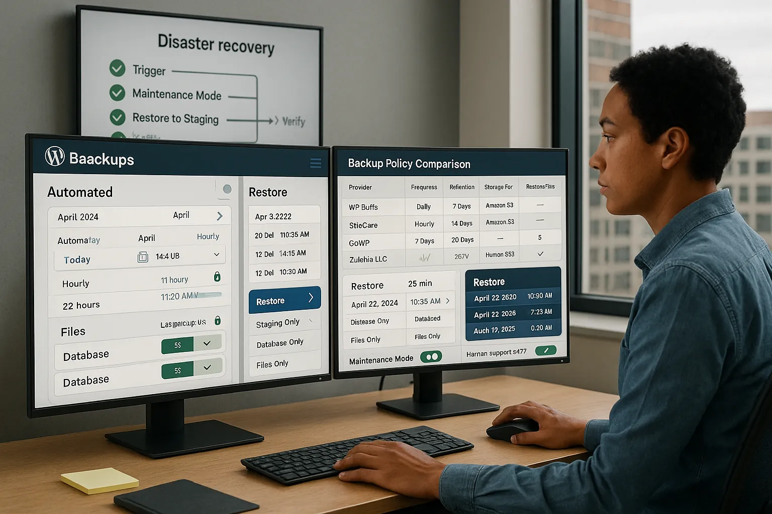IT professional reviewing WordPress backup dashboard with offsite, versioned restore options.