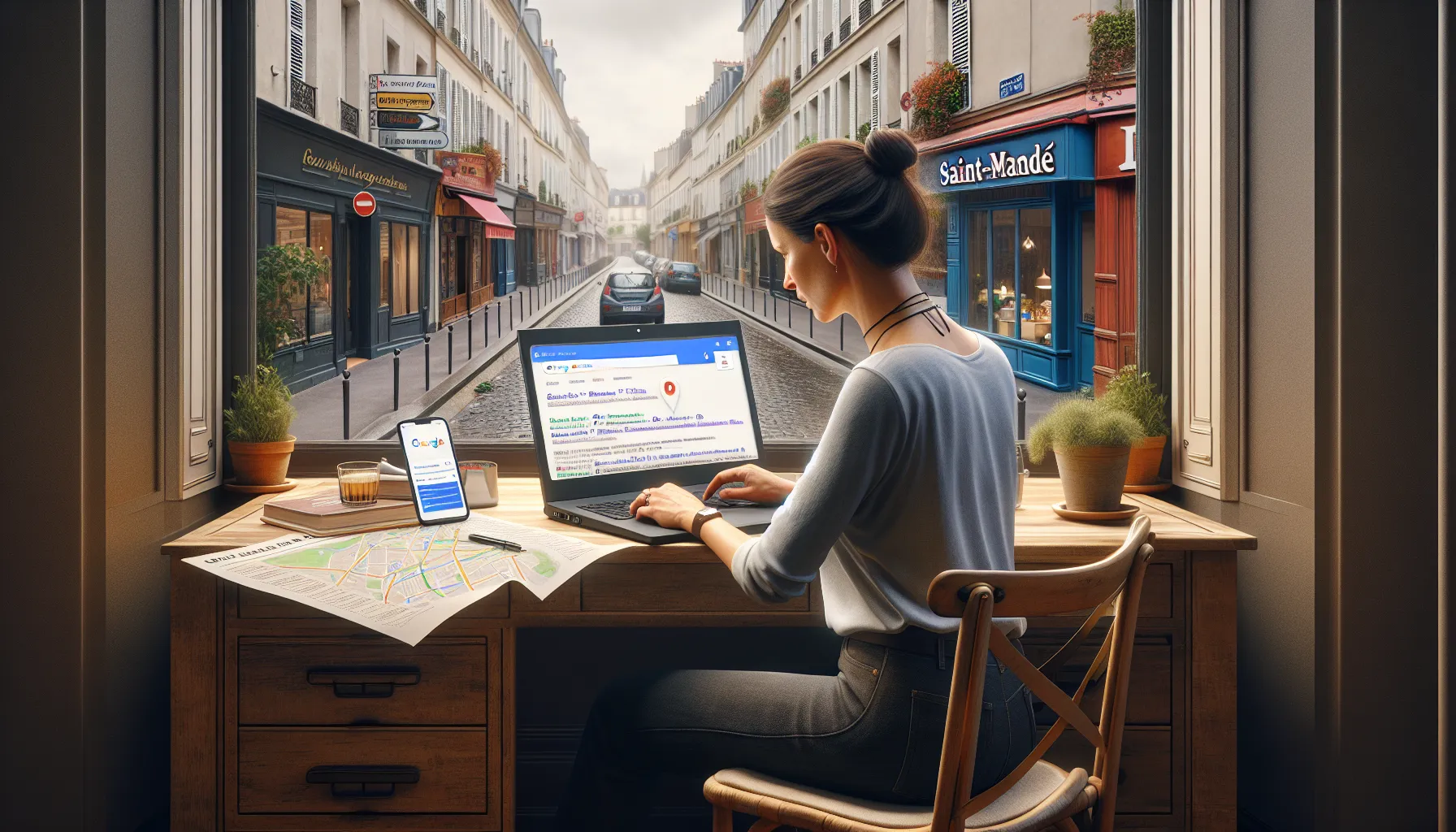 Local shop owner in Saint-Mandé reviewing Google search results and map listings.