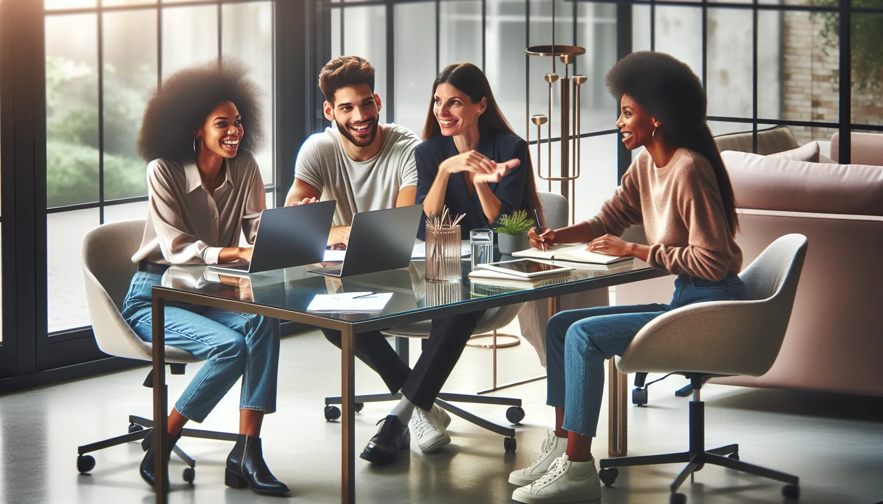 a diverse team collaborating in a modern office space.
