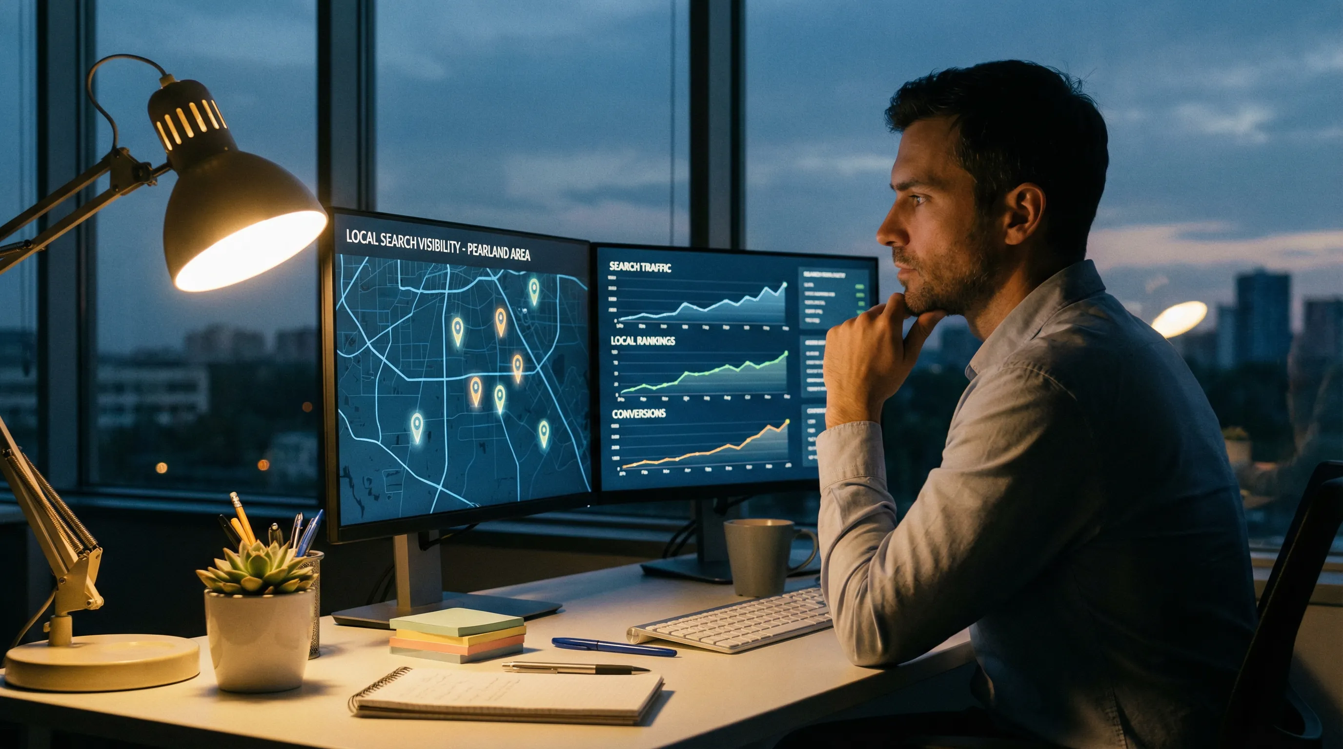 Analyst examining a Pearland area map with pins and rising analytics charts on dual monitors in an office.