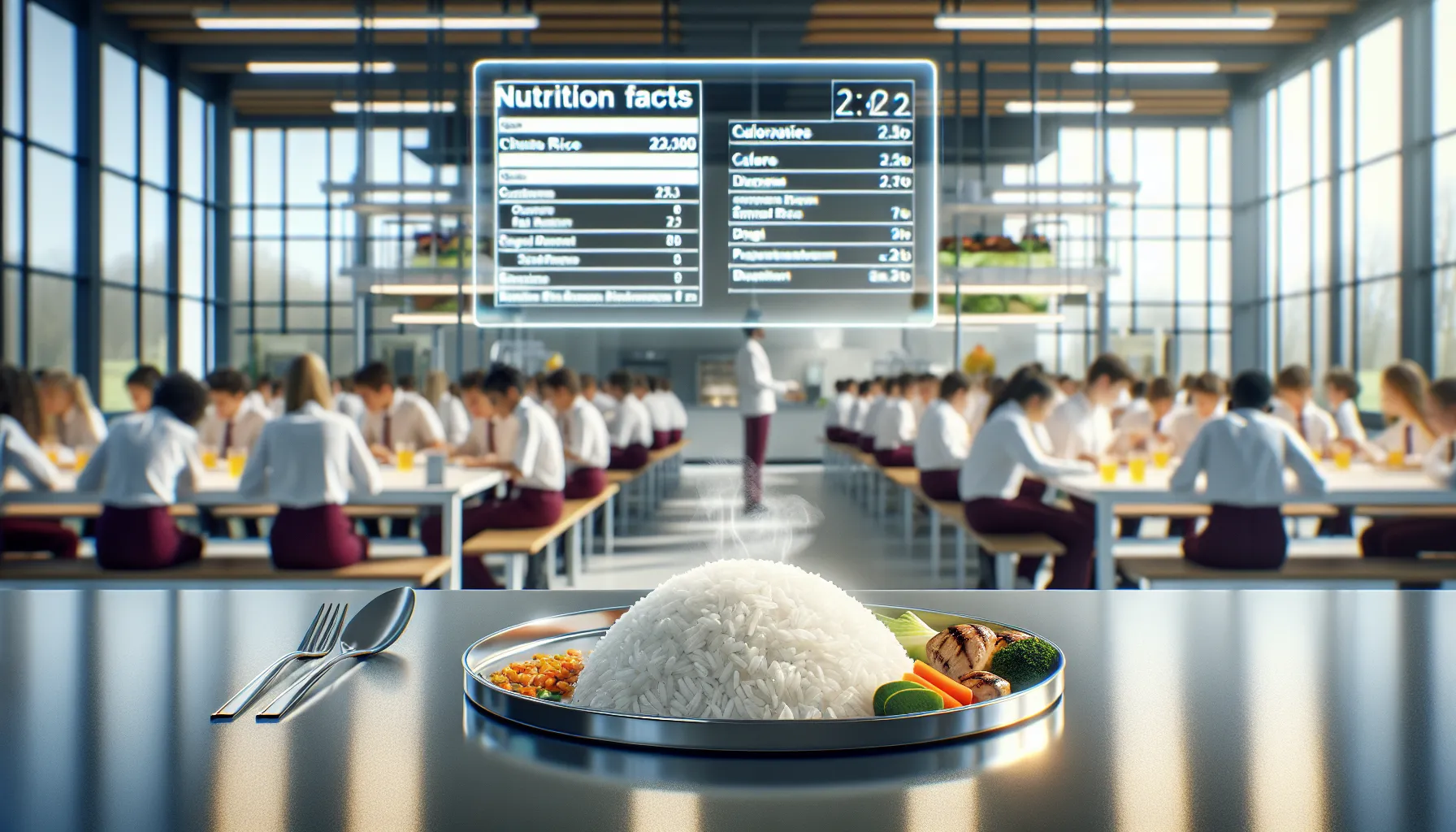 Plate of white rice with nutrition chart in a modern school cafeteria.
