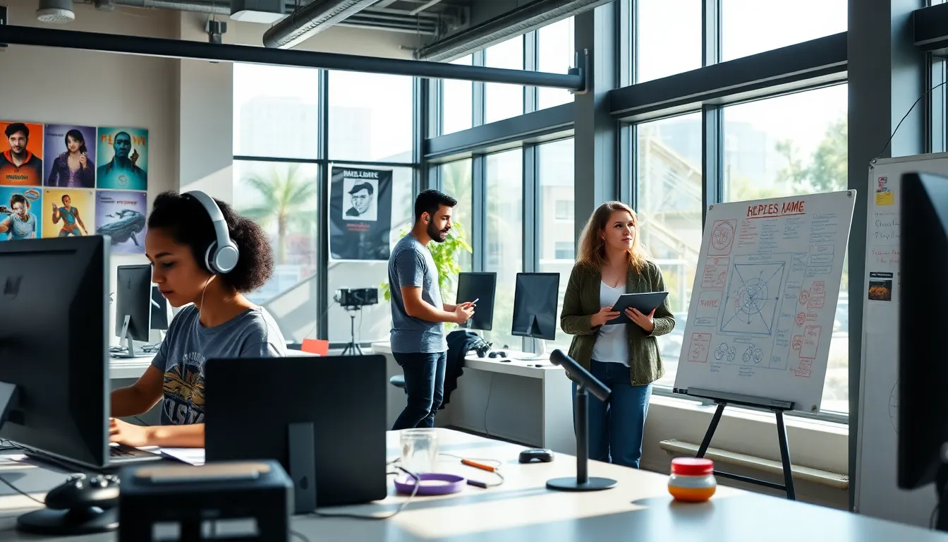 a diverse game development team collaborating in a bright studio setting.