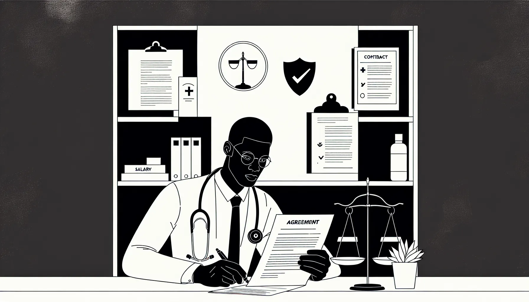 Veterinarian at desk examining a contract with checklist and Connecticut map of Connecticut Veterinary Contract Review