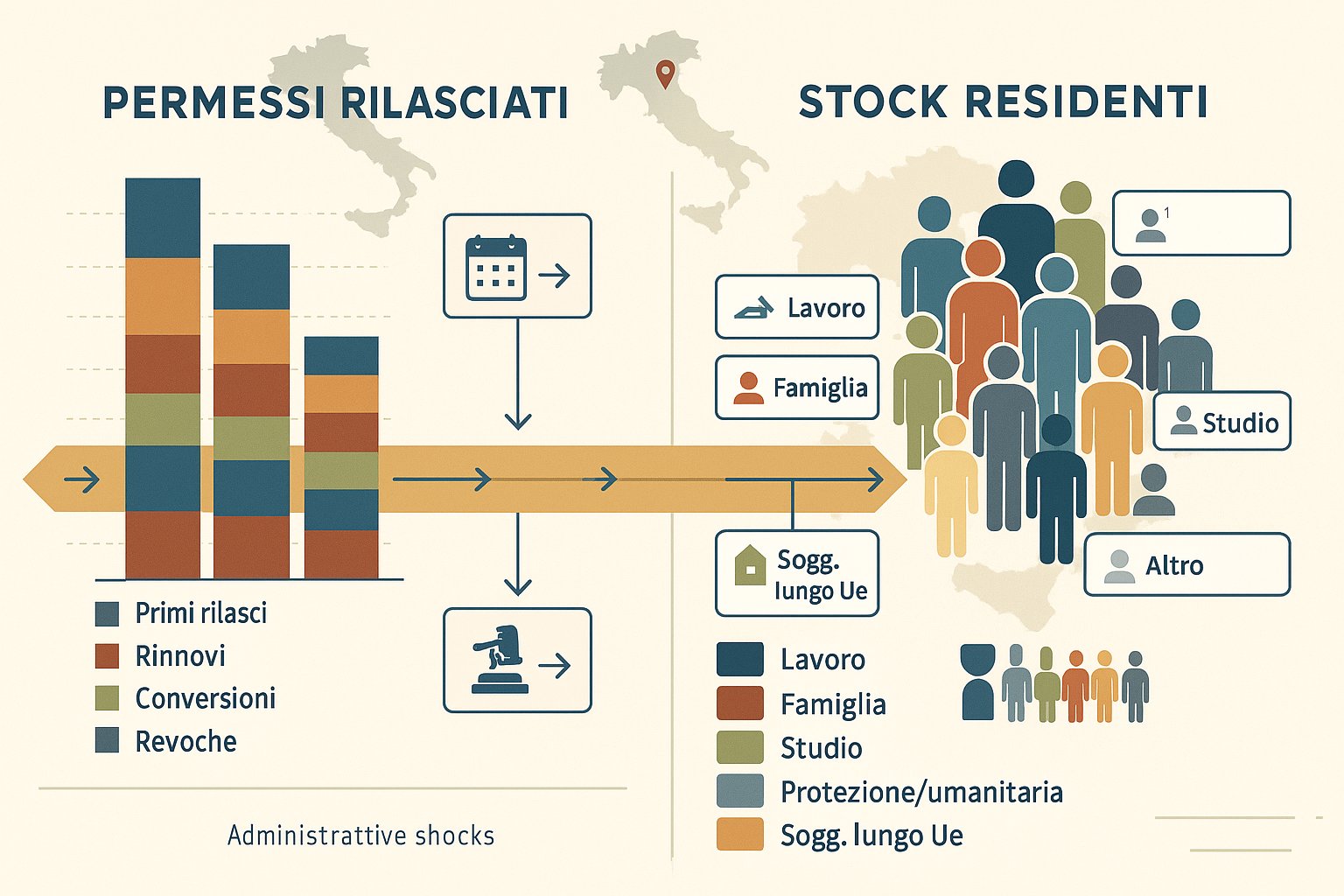 Grafico a due pannelli che confronta il flusso di permessi rilasciati e lo stock di permessi residenti in Italia.