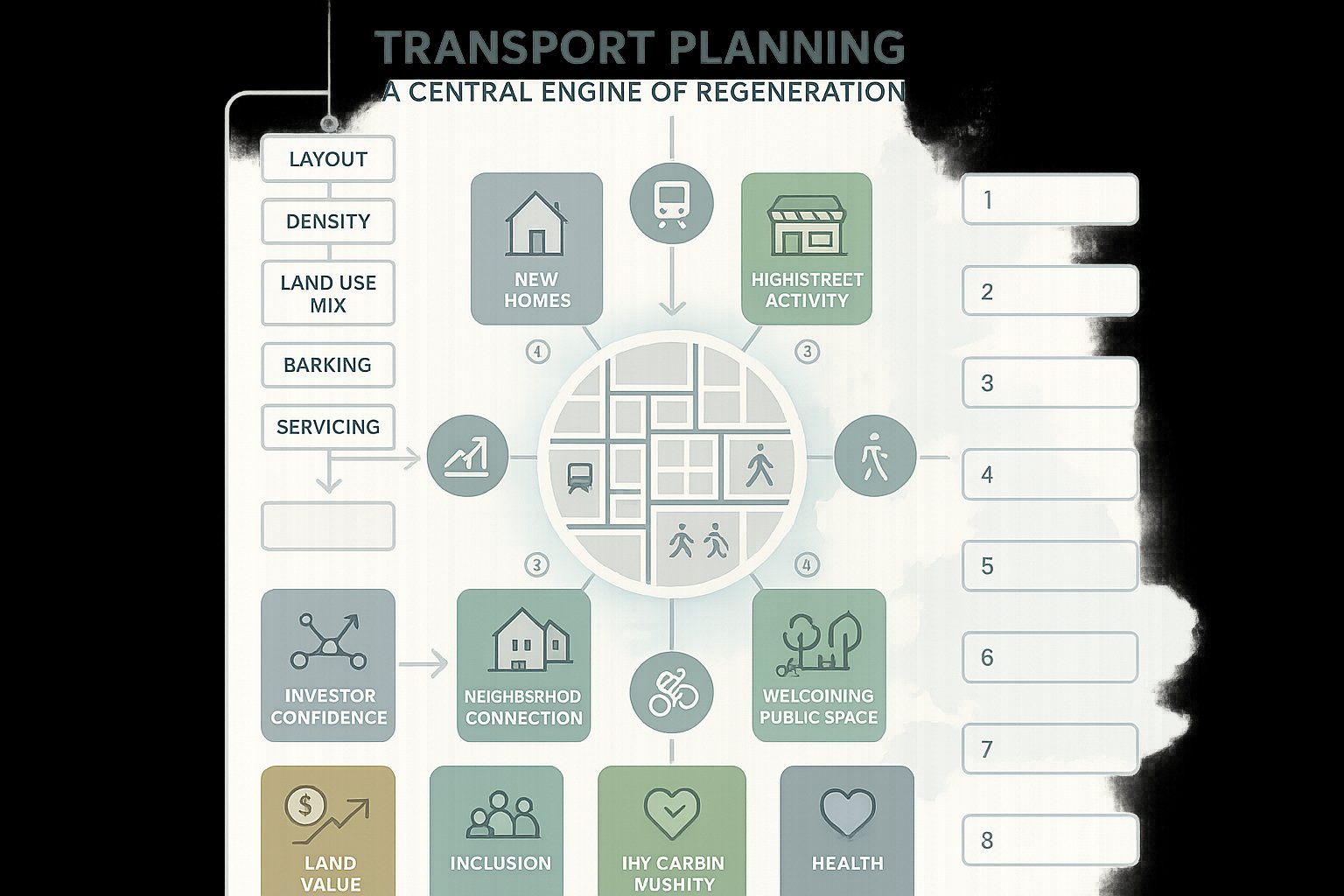 Infographic showing transport planning driving successful urban regeneration in the United Kingdom.