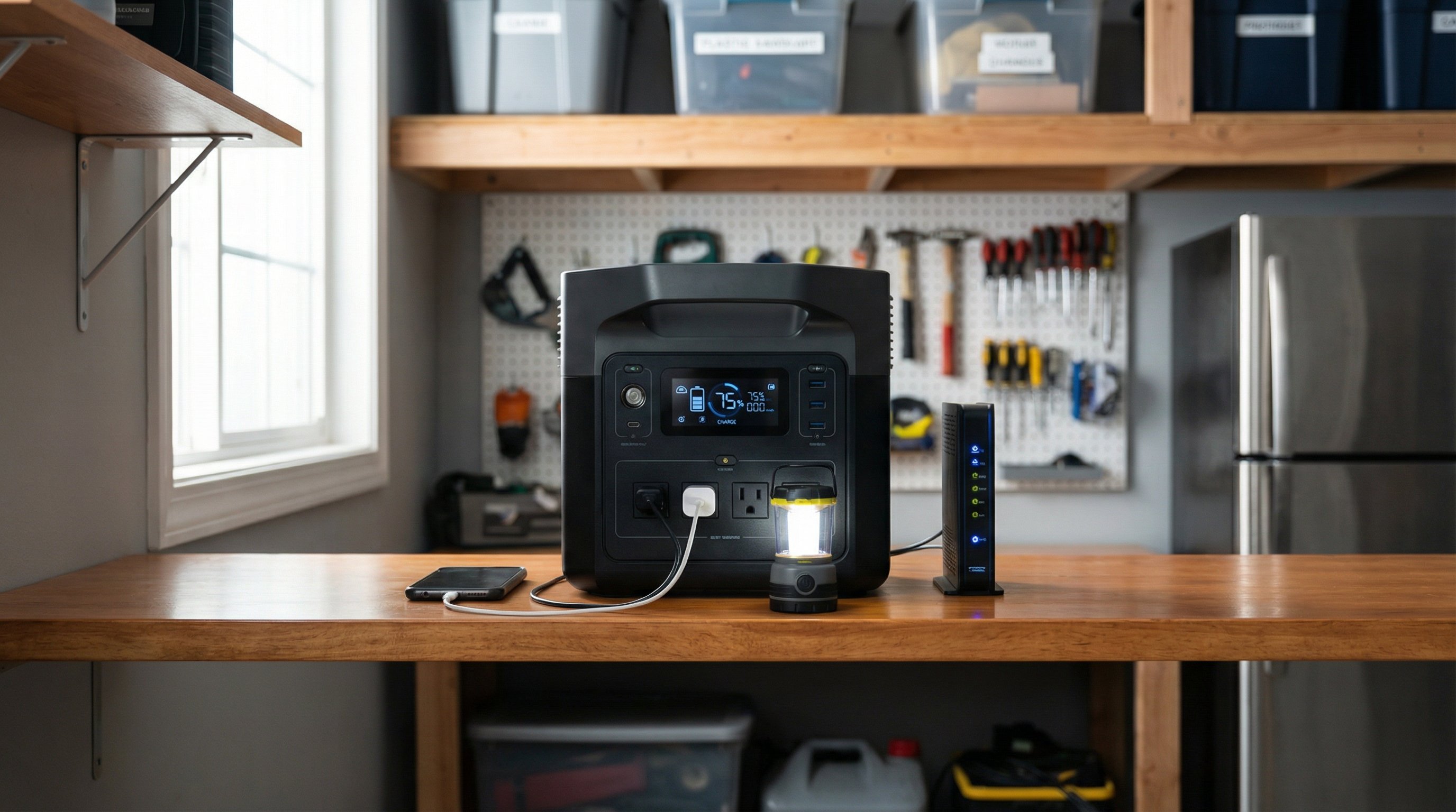Portable power station on shelf powering essential devices in modern home utility room.