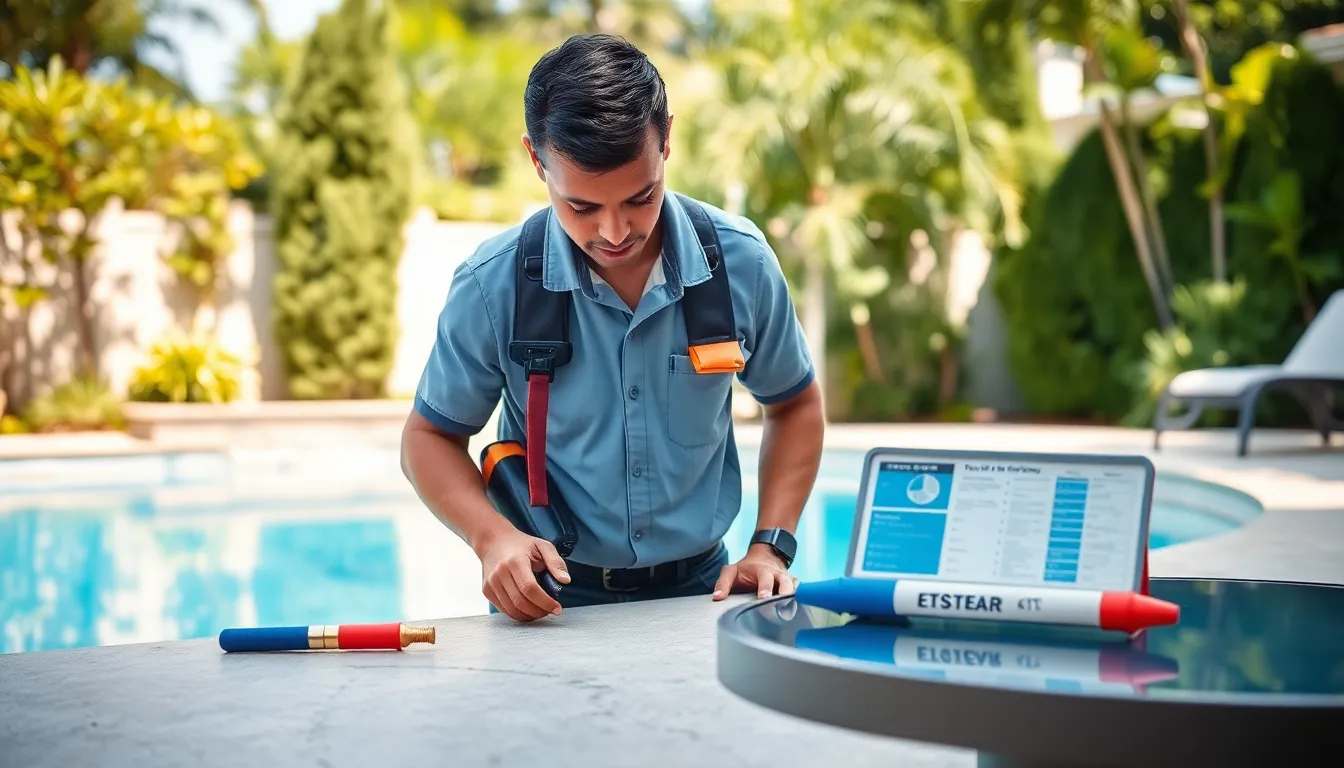 technician inspecting a crack in a backyard swimming pool.