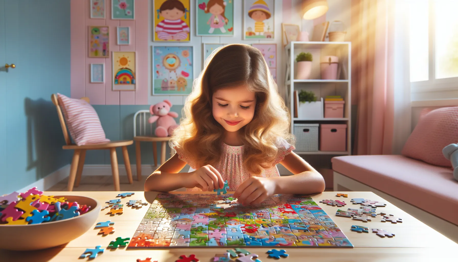 Child assembling a colorful jigsaw puzzle in a cozy playroom.