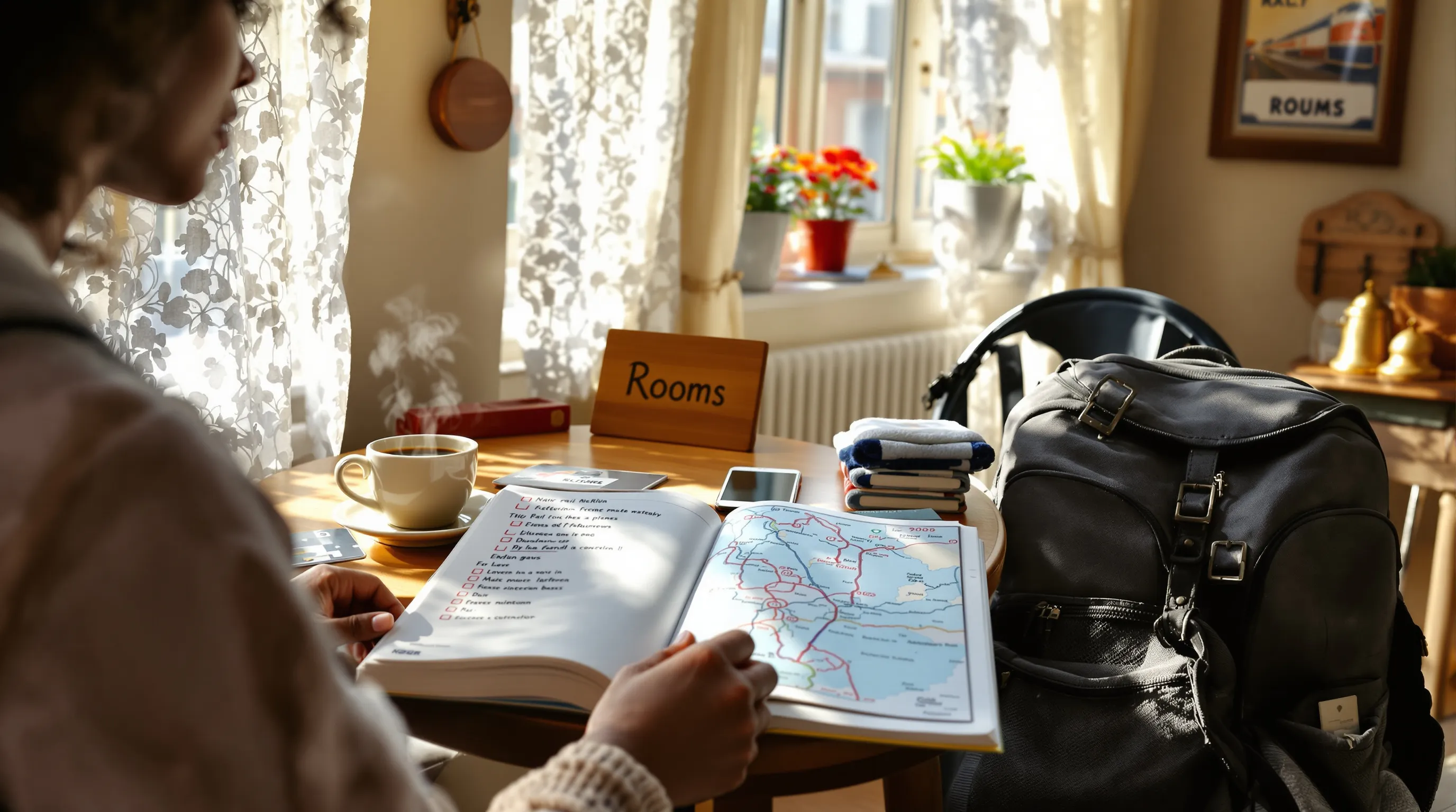 American traveler planning with a guidebook in a cozy European pension.