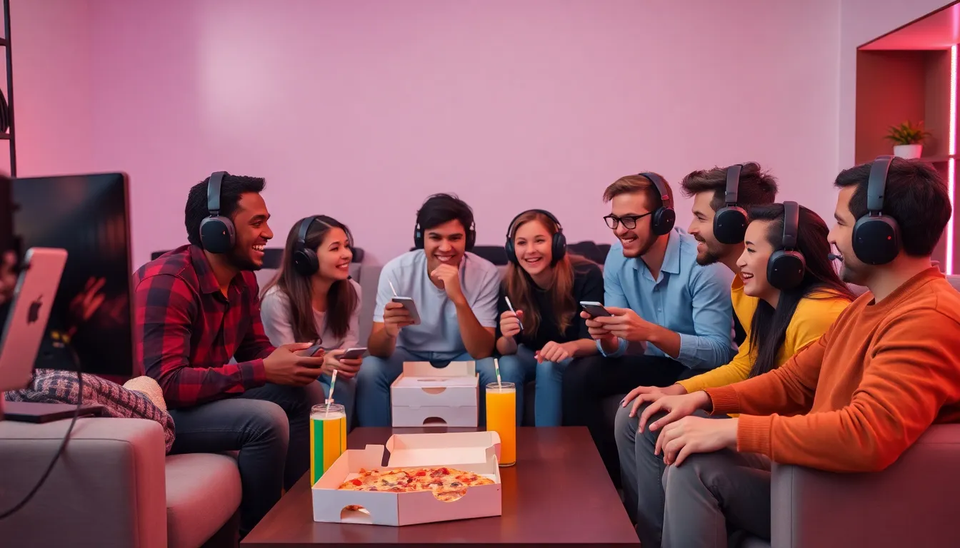 diverse group of gamers in a modern living room during prime time gaming.