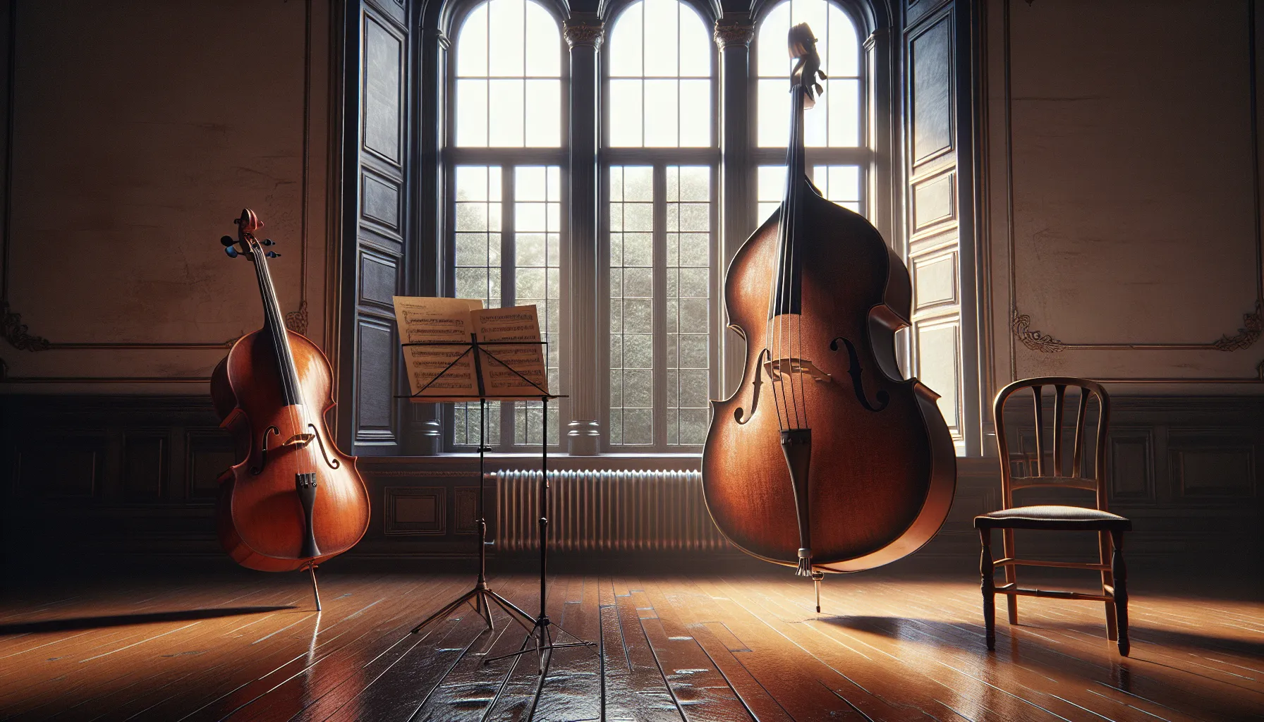 A cello and double bass side by side in a well-lit music studio.