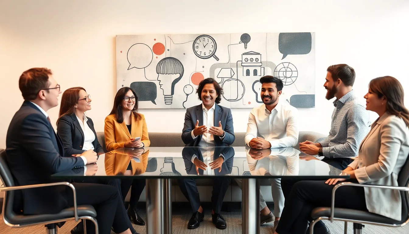 diverse professionals discussing the etymology of 'nardewell' in a modern office.