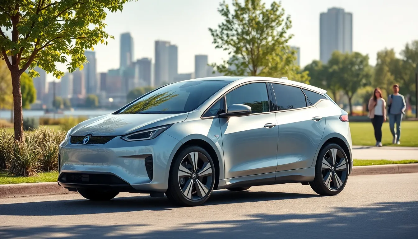 A modern electric vehicle in a lush urban environment.