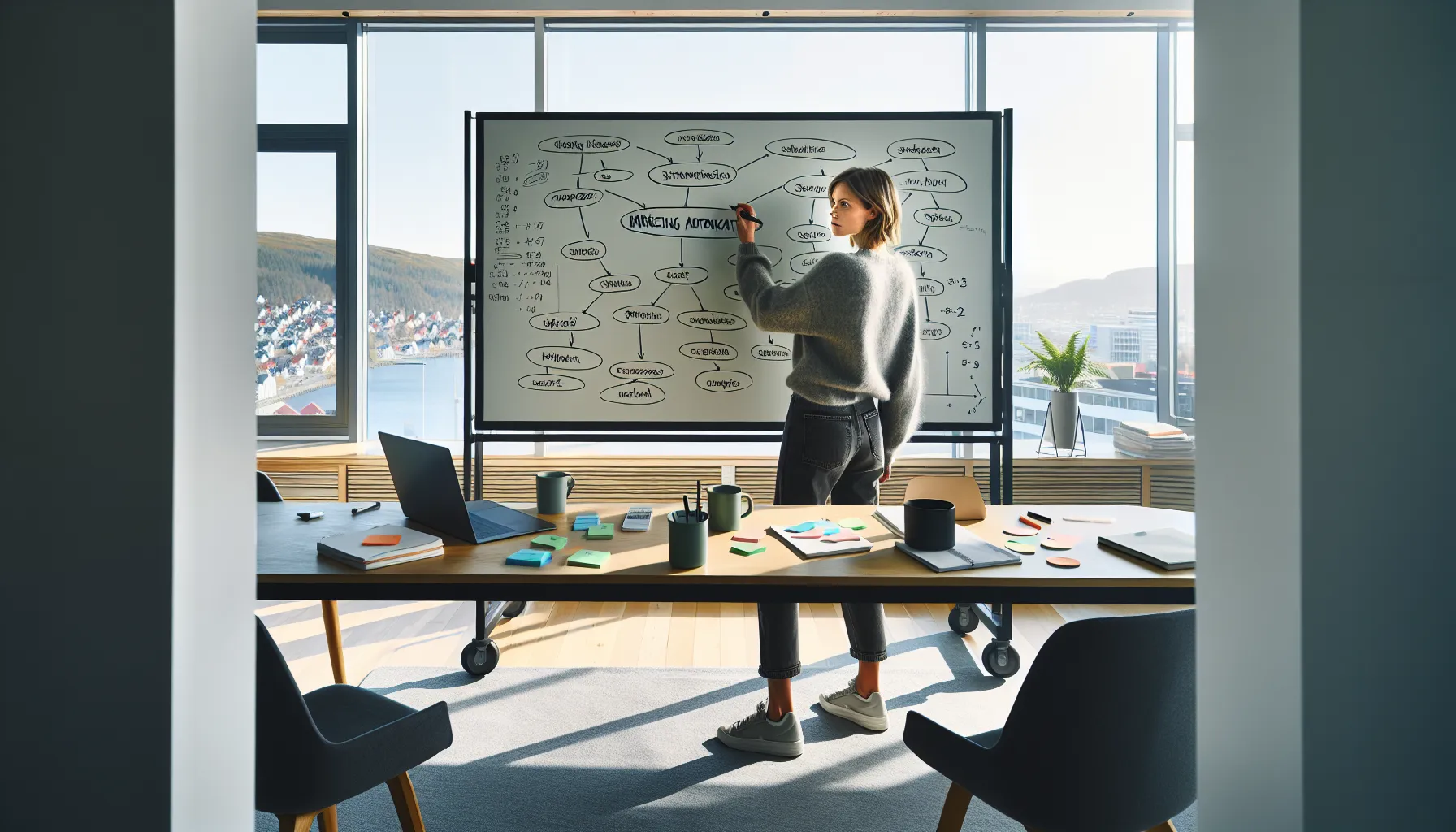 Norwegian marketer mapping keyword scores and topic clusters on a whiteboard.