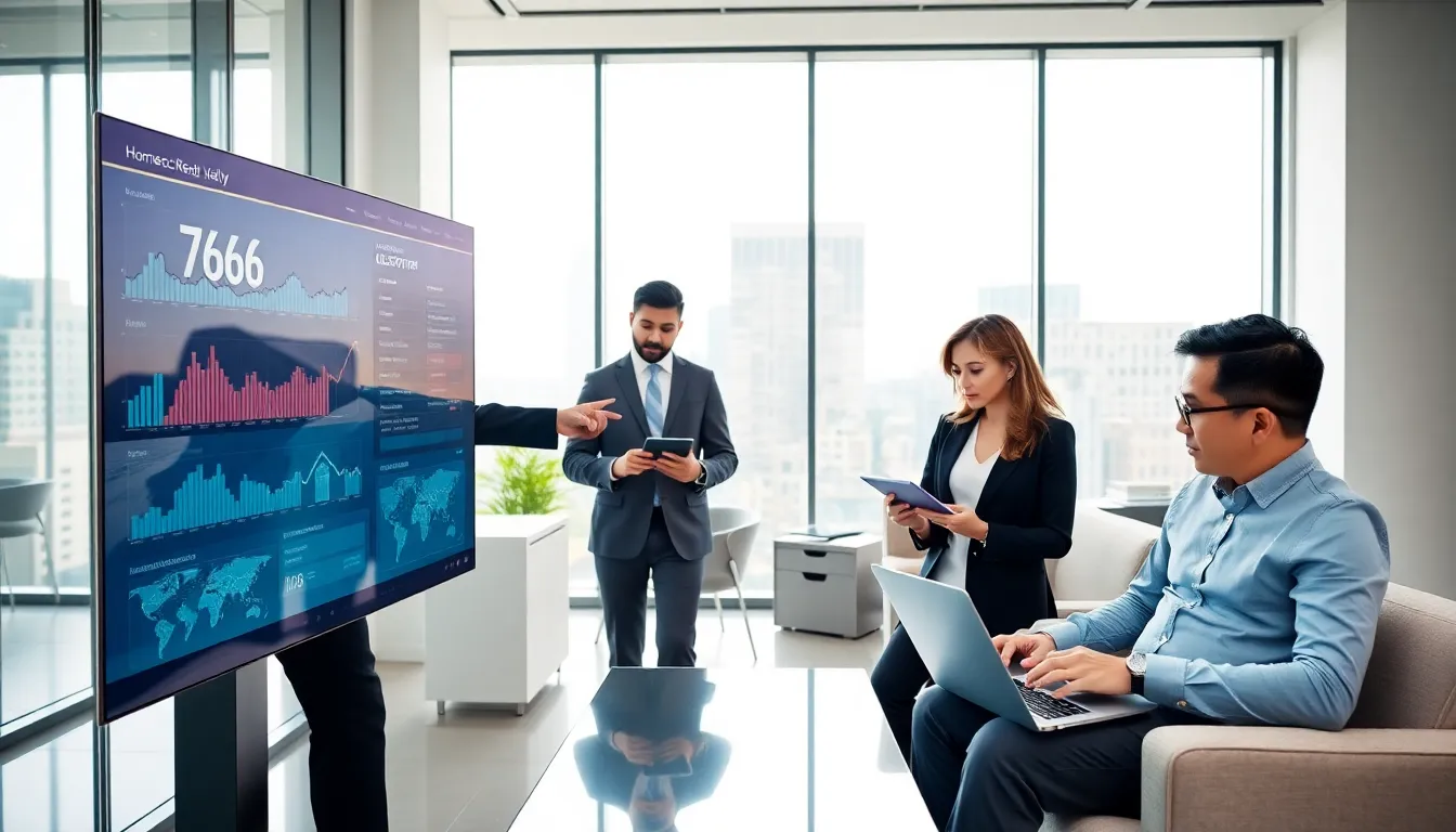 diverse team collaborating over real estate technology in a modern office.