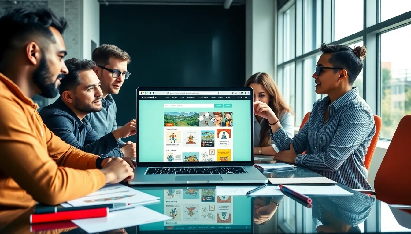 diverse team collaborating around a laptop displaying CK2Generator.