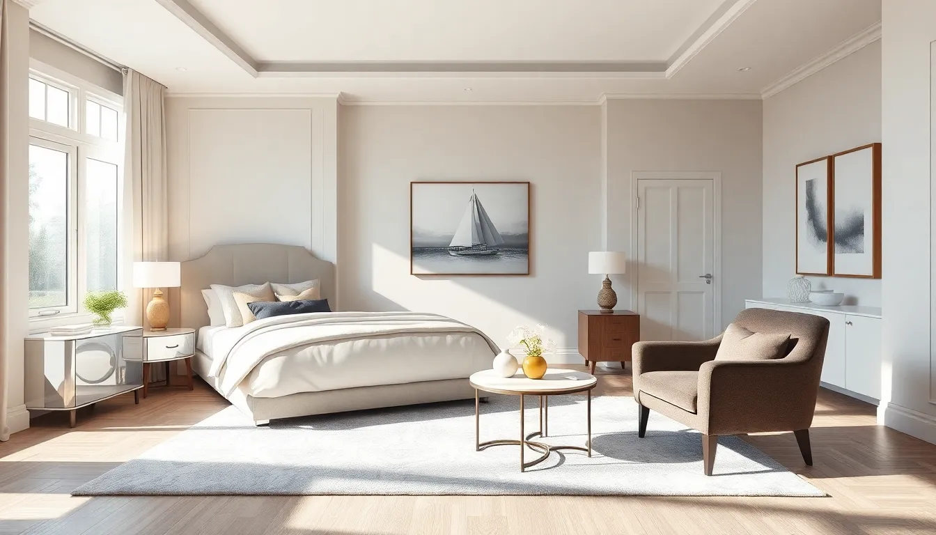 elegant bedroom interior with sophisticated furnishings and natural light.