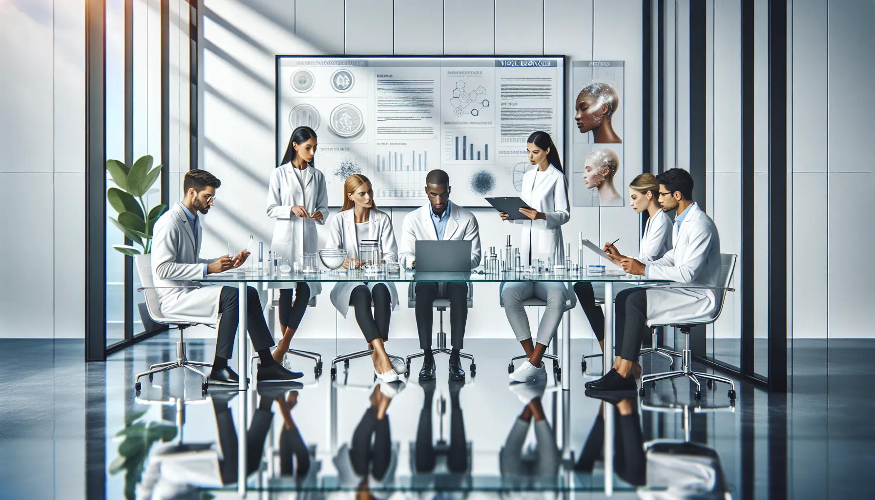 diverse skincare professionals discussing evidence-based products in a modern office.