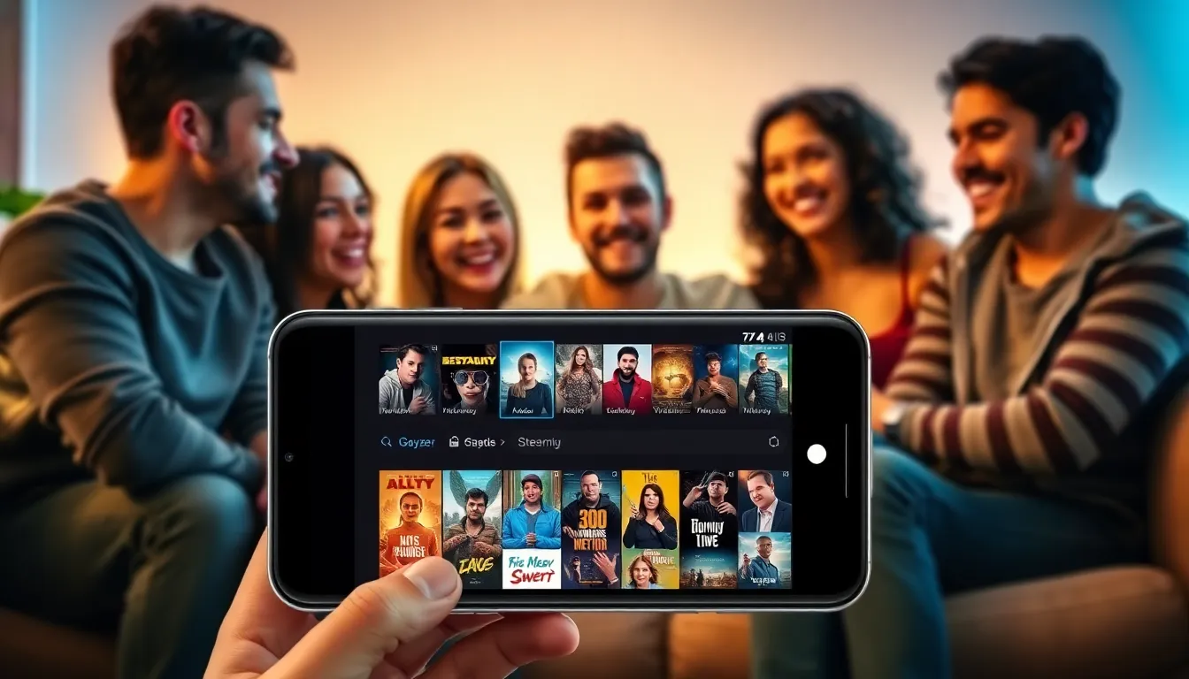 Group of friends enjoying Gayzer HD on a mobile device in a cozy setting.