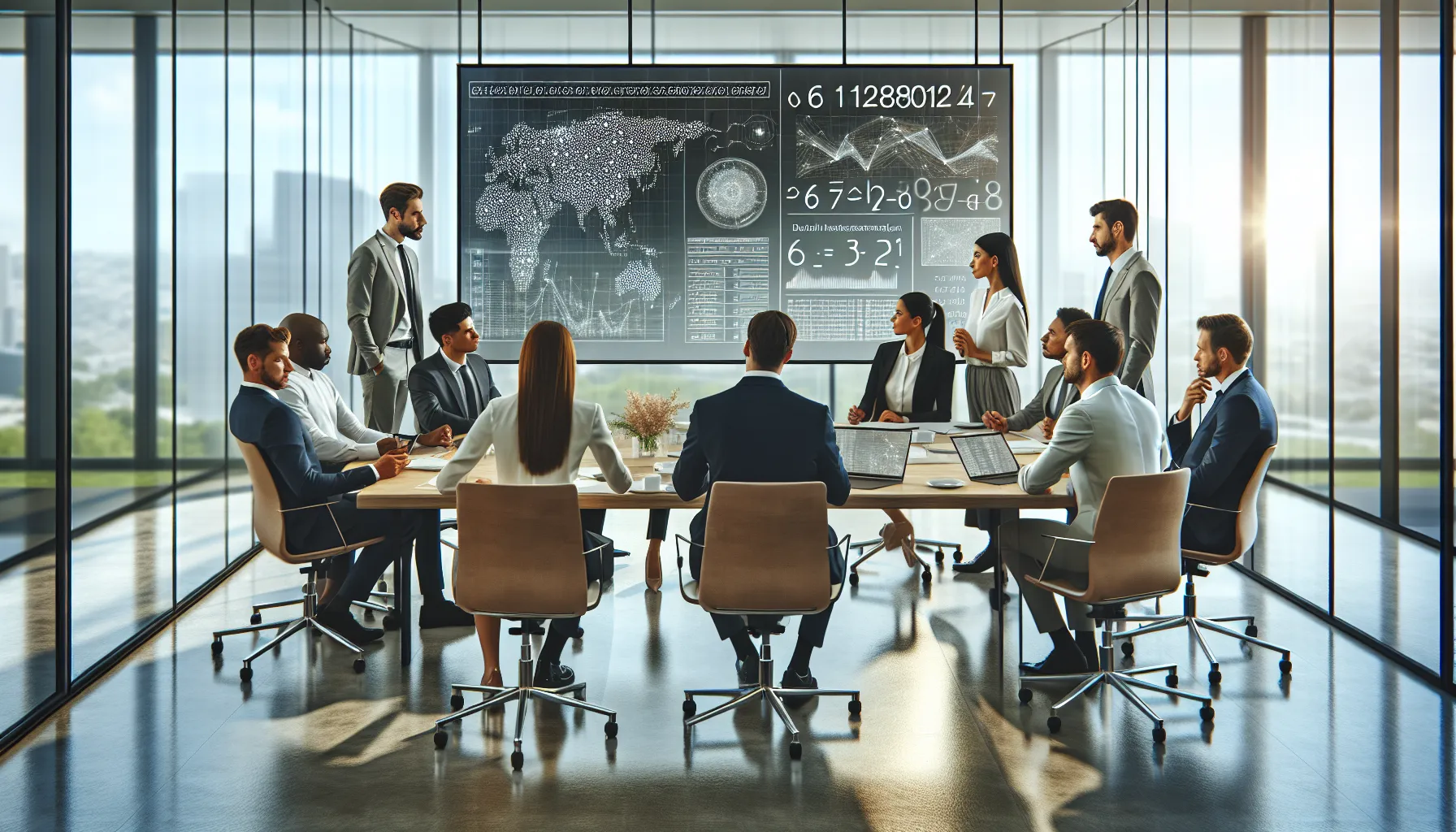 diverse team discussing data analysis in a modern office setting.