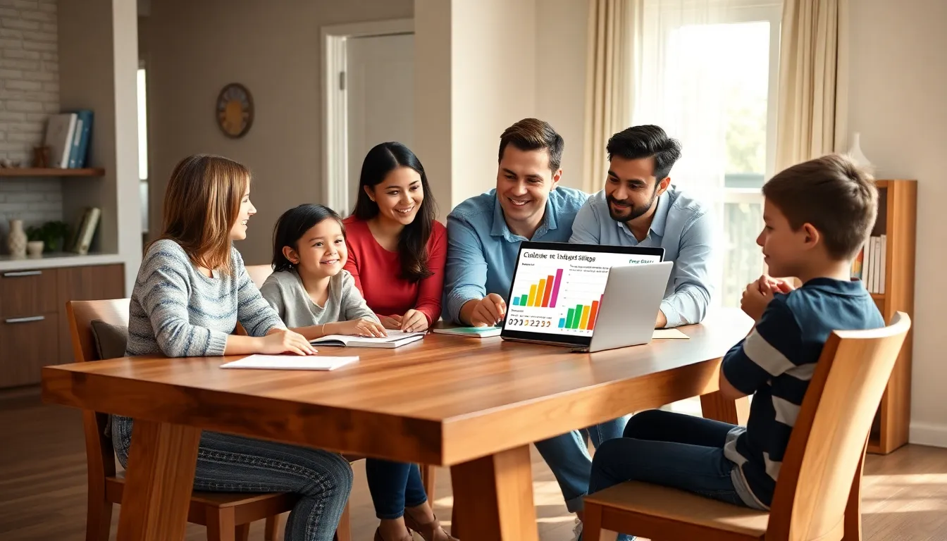 family discussing college savings at a dining table.
