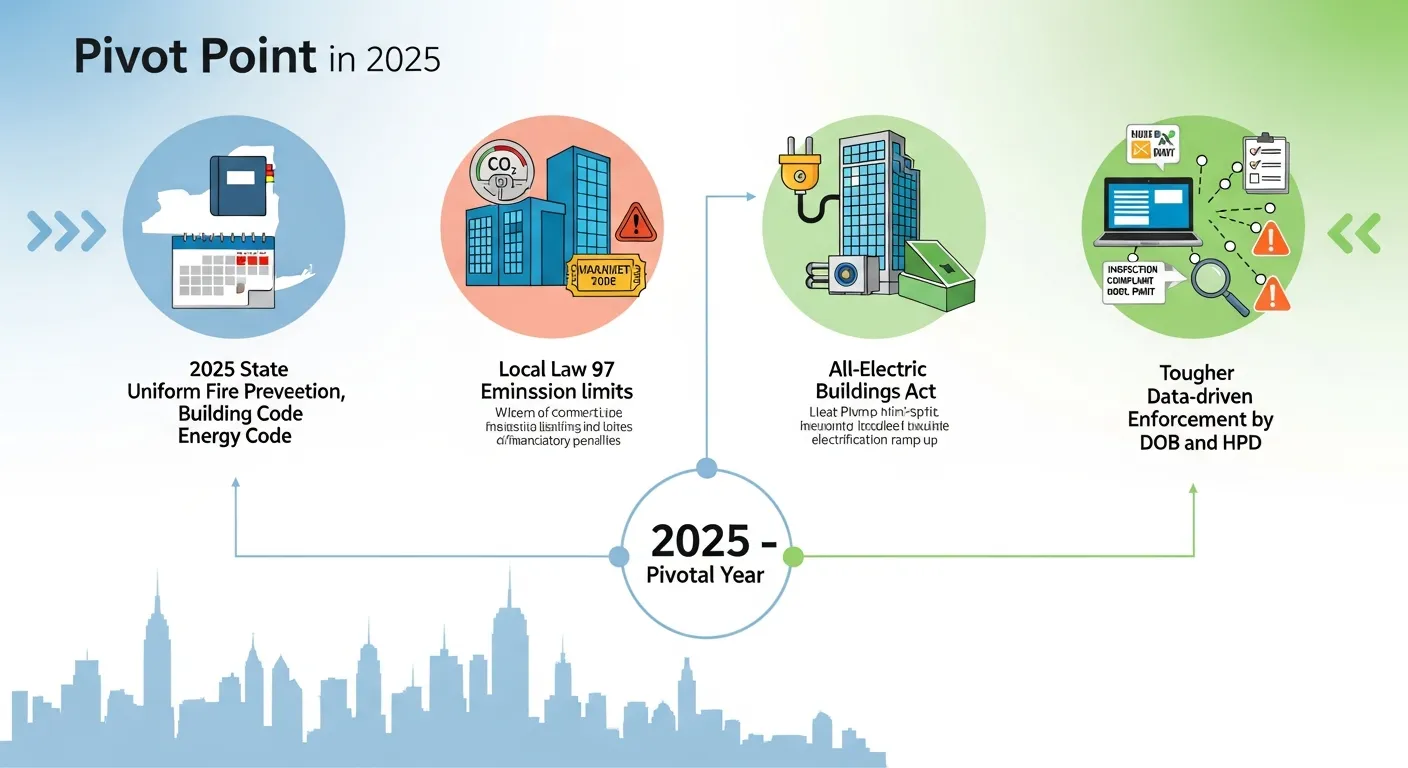 Infographic showing four key NYC building rule changes converging in 2025.