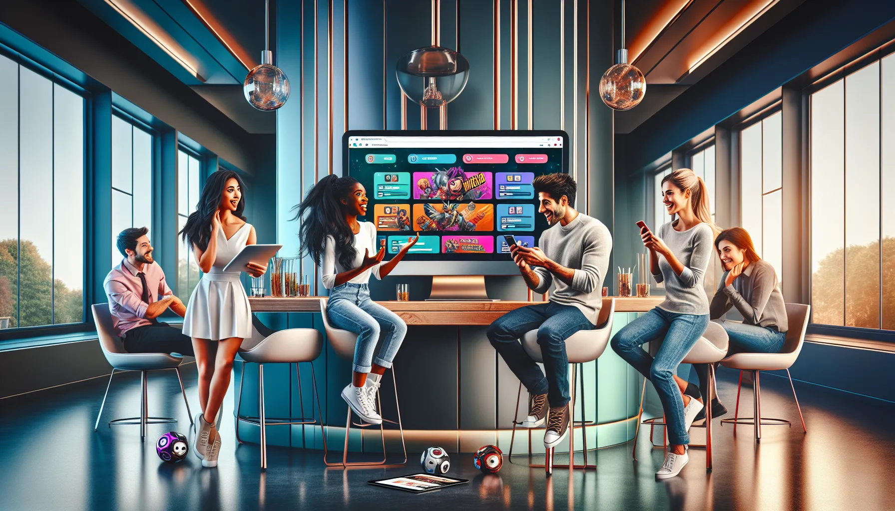 professionals engaging with PlayBattleSquare.com in a modern office setting.