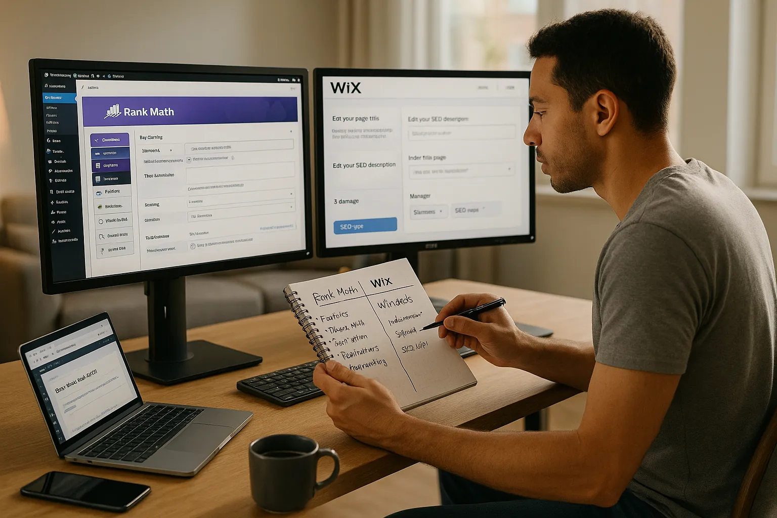 Marketer compares Rank Math SEO features with Wix SEO tools on dual monitors.