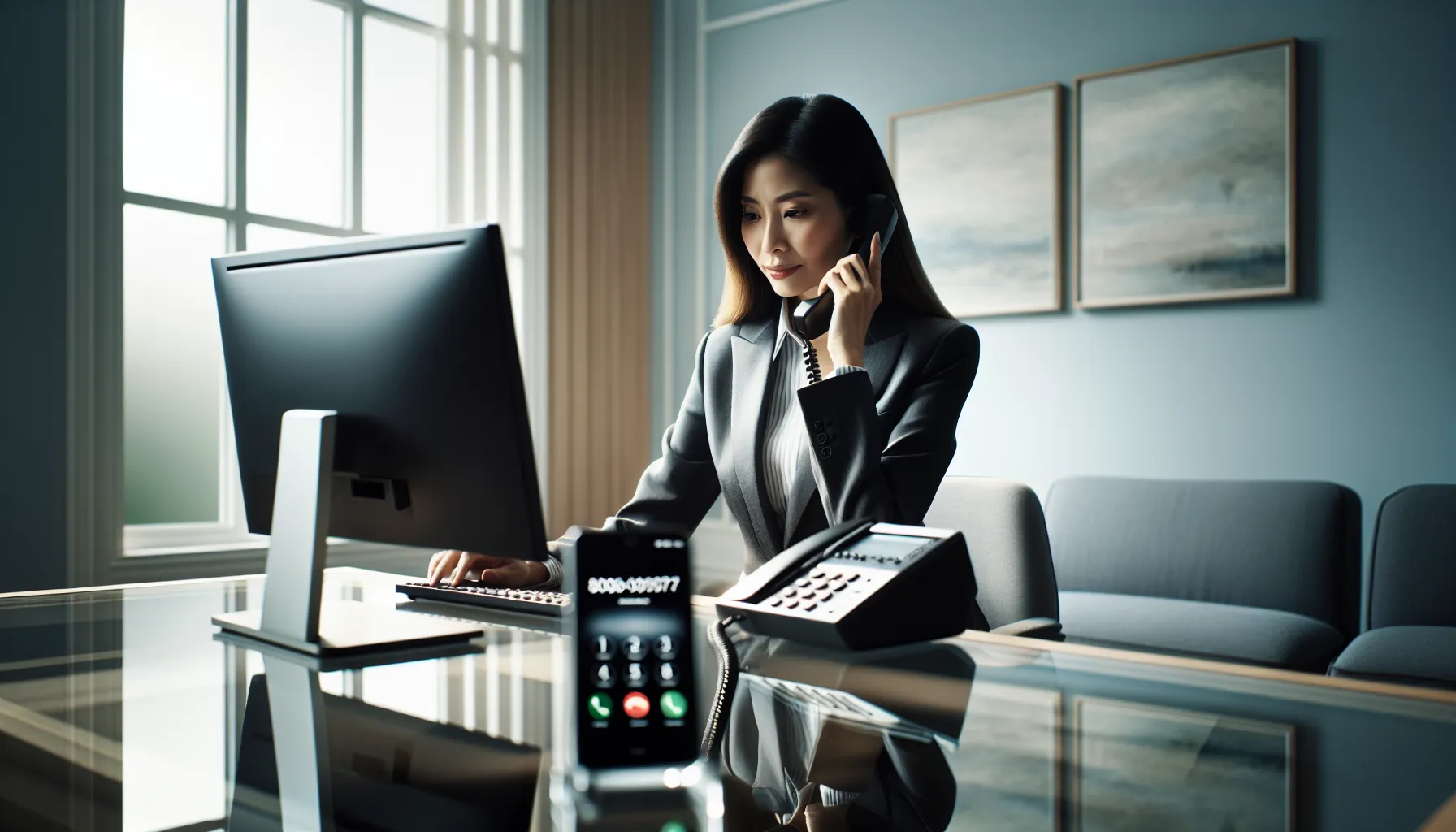 person reviewing a call log in a modern office.