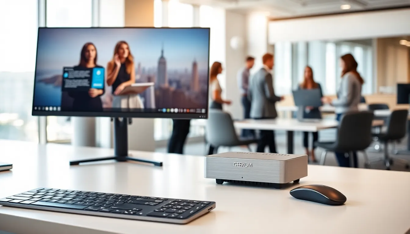 Modern office desk with a compact mini computer and monitor.