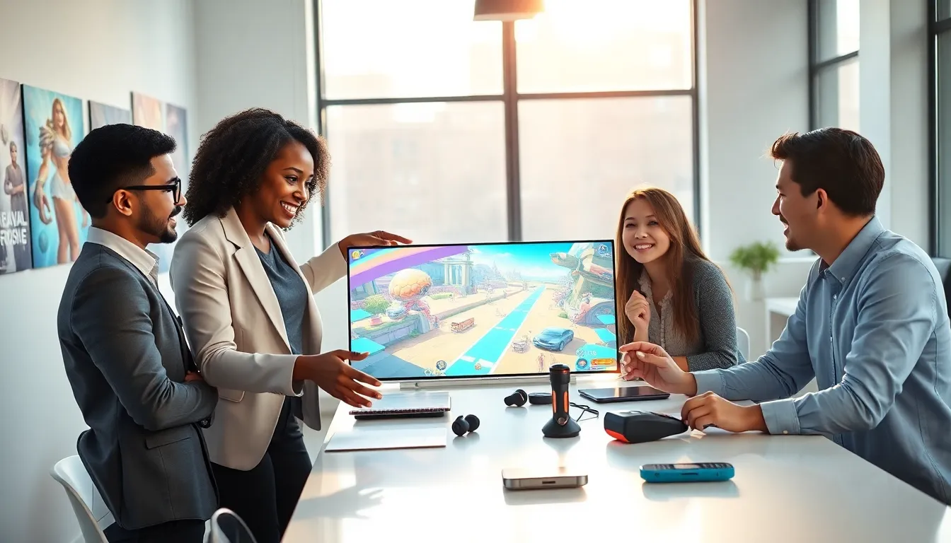 A diverse team of game developers collaborating in a bright office.