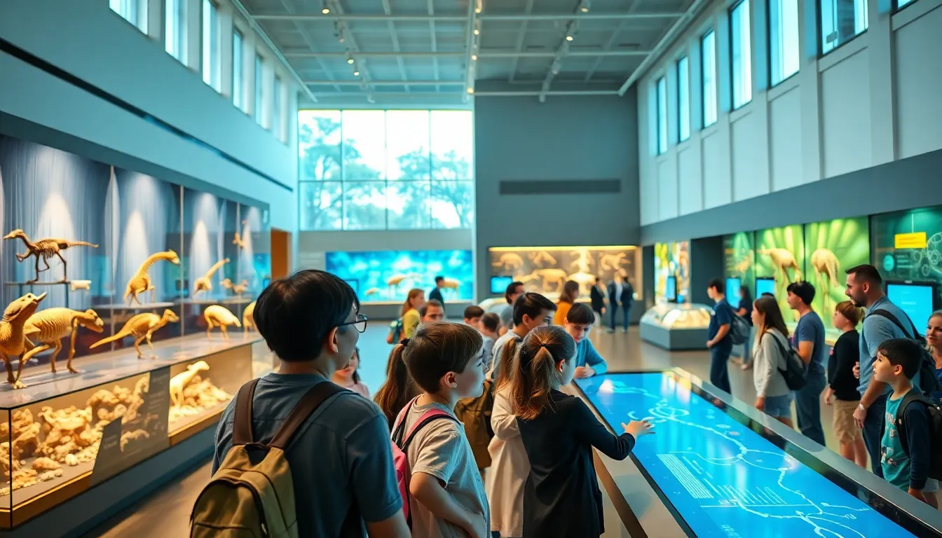diverse visitors engaging with exhibits in a modern life science museum.