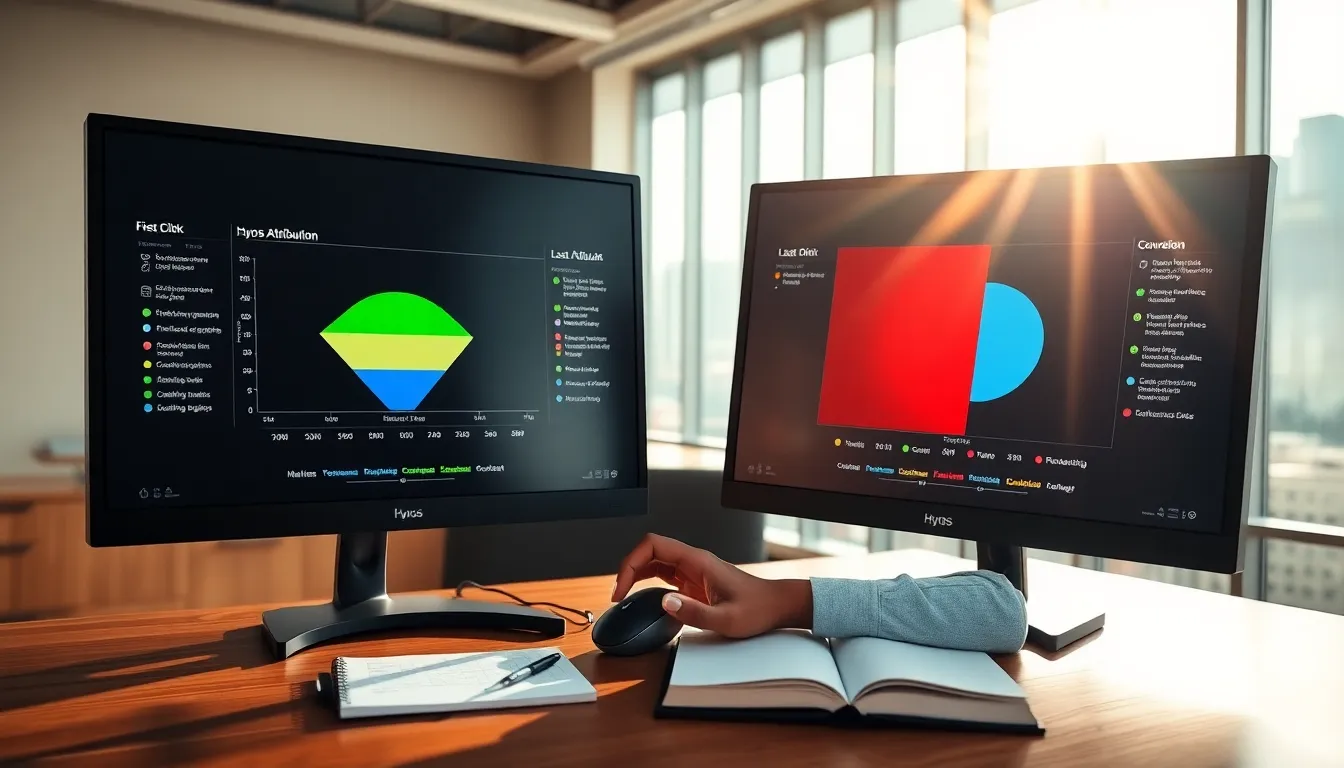Dual monitors showing Hyros first-click versus last-click funnel weight comparison.