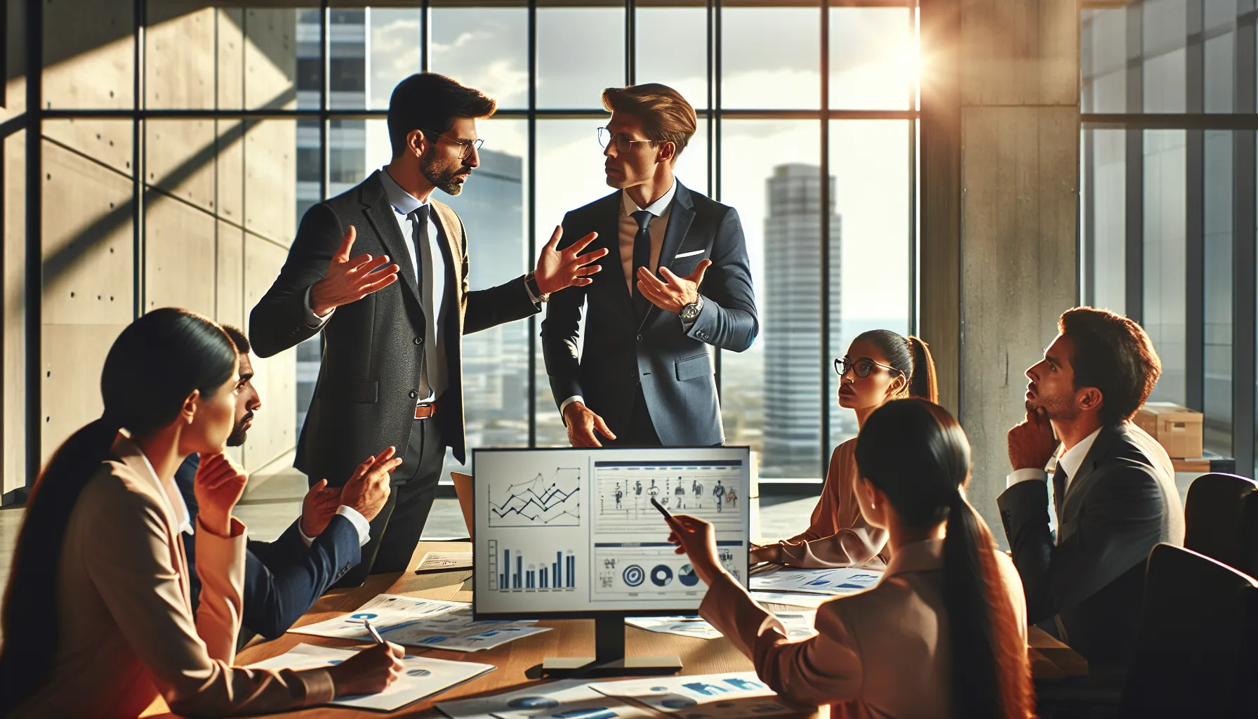 A leader and manager collaborating in a modern office environment.