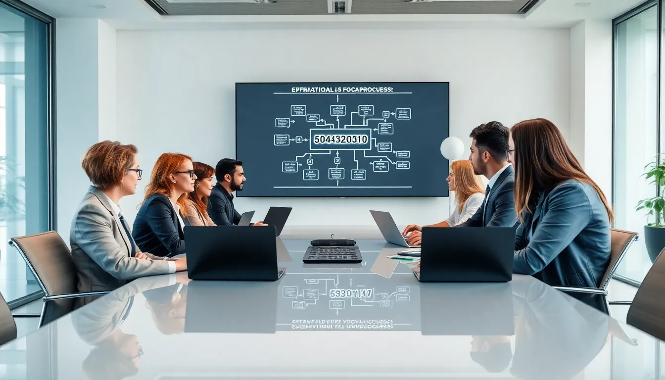 team discussing operational efficiency in a modern office.