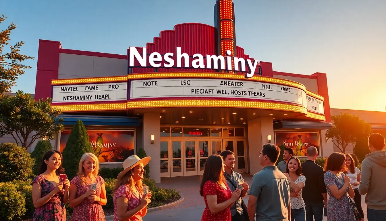 Neshaminy Movie Theater with diverse people enjoying a vibrant evening.