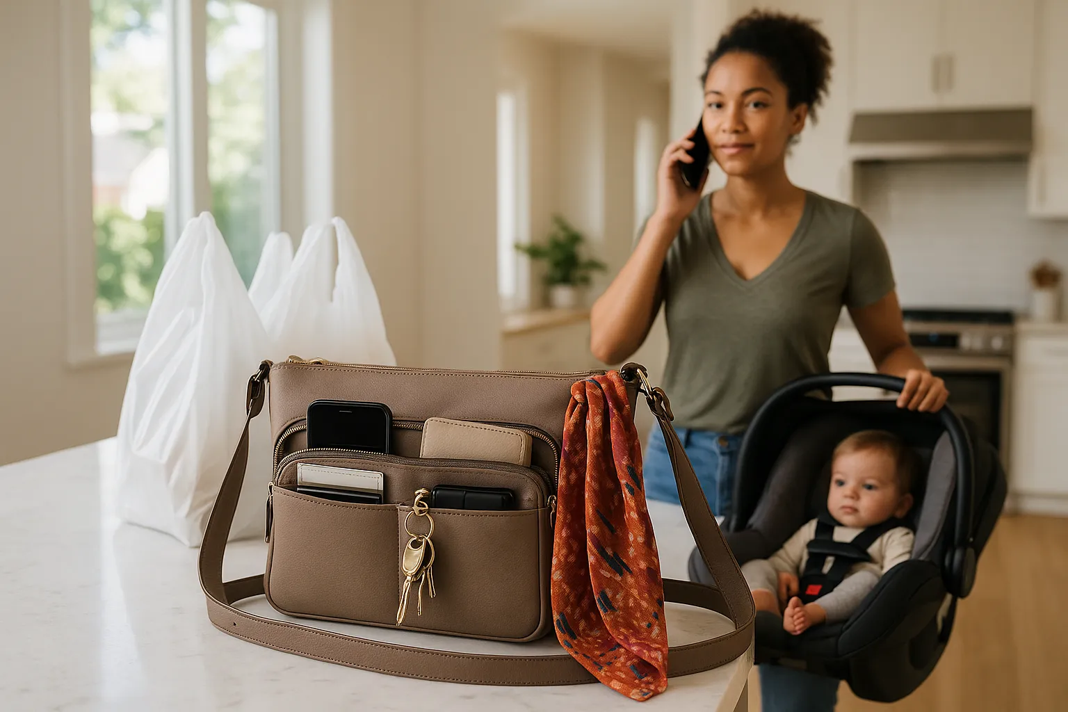 modern crossbody bag and mom multitasking in a bright home
