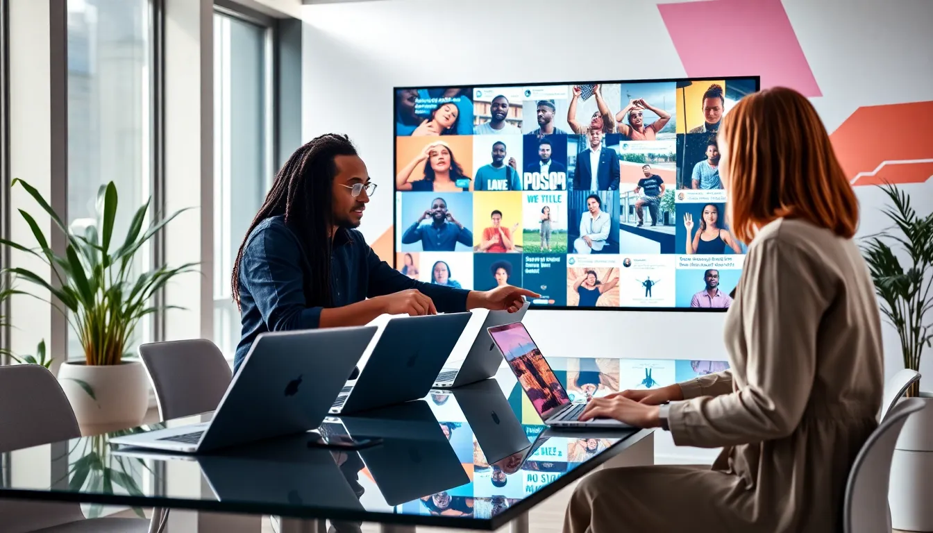 diverse team analyzing trending images in a modern office.
