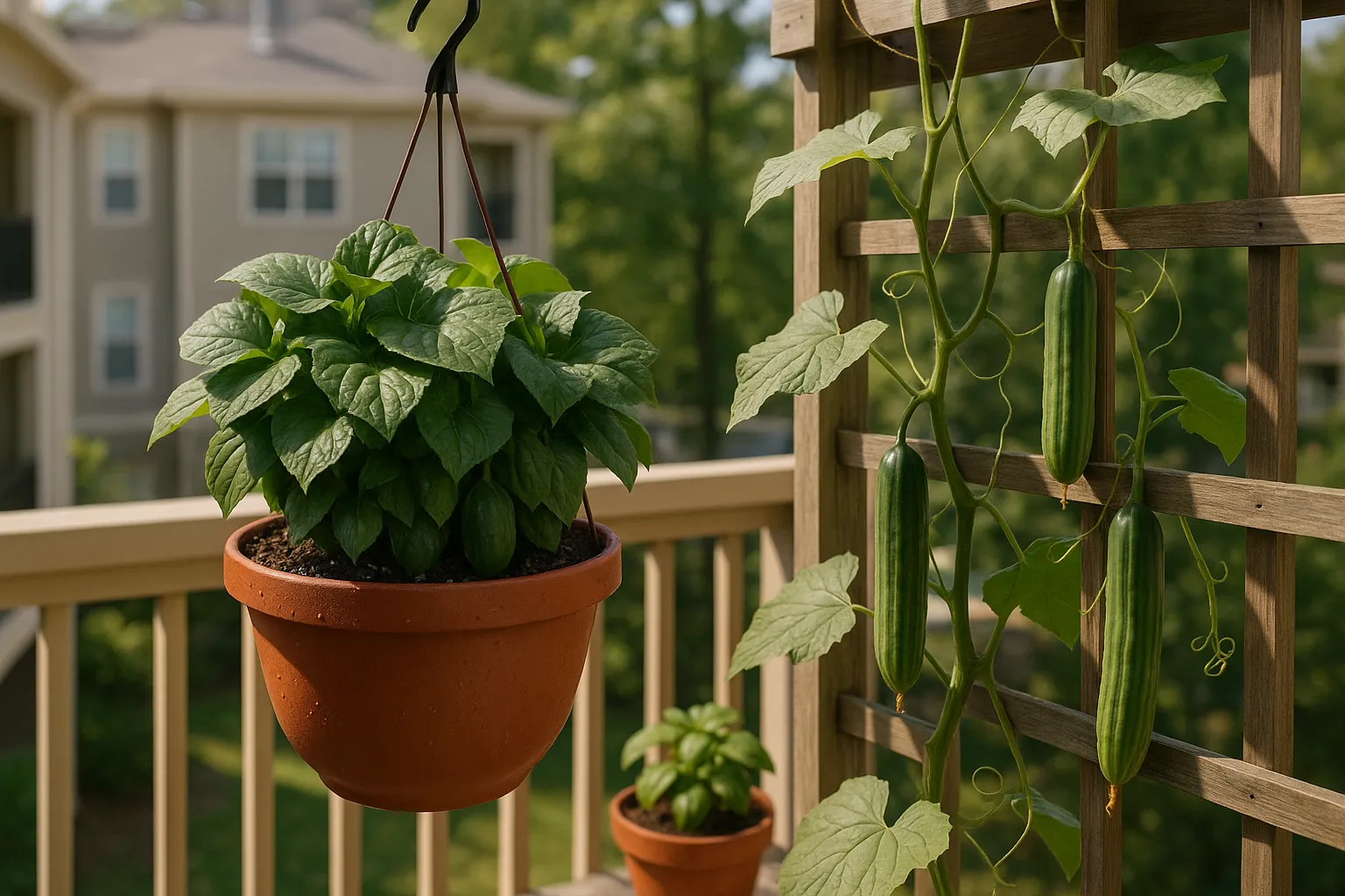 compact hanging-basket cucumber beside a long vining cucumber on a balcony trellis