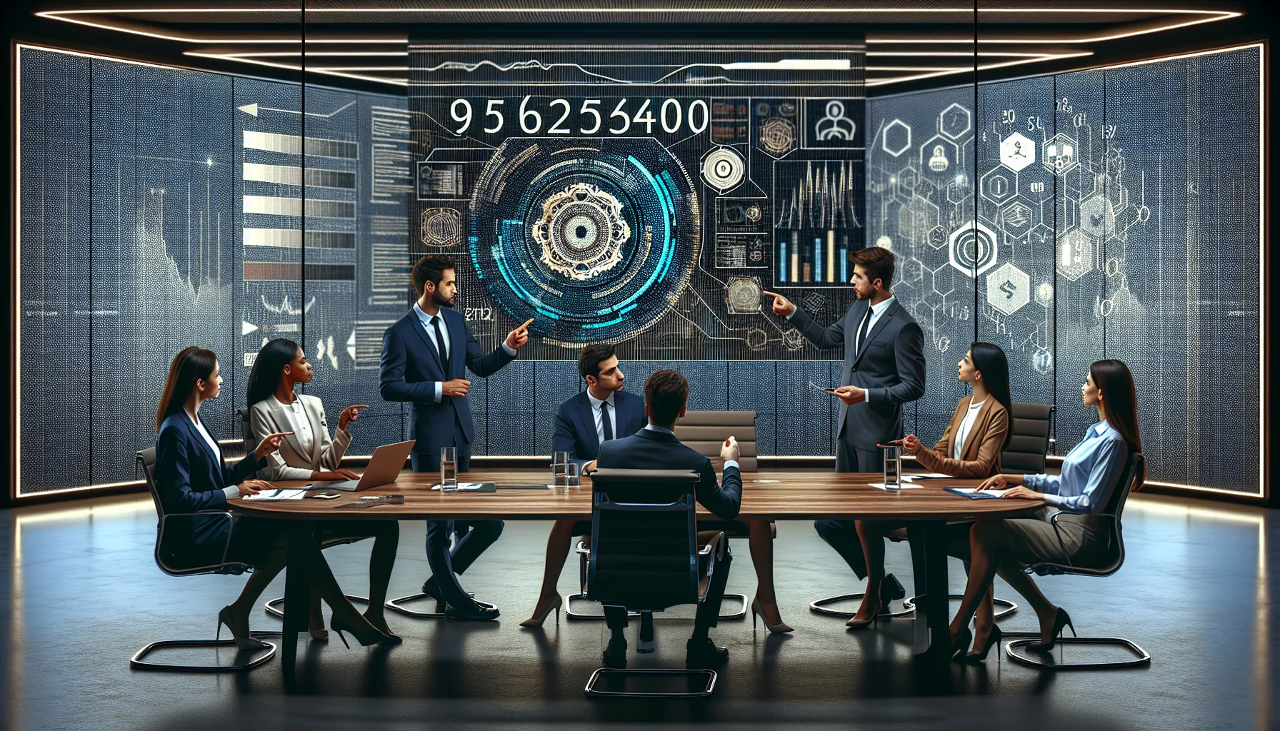 diverse professionals discussing data related to 9512256400 in a modern conference room.