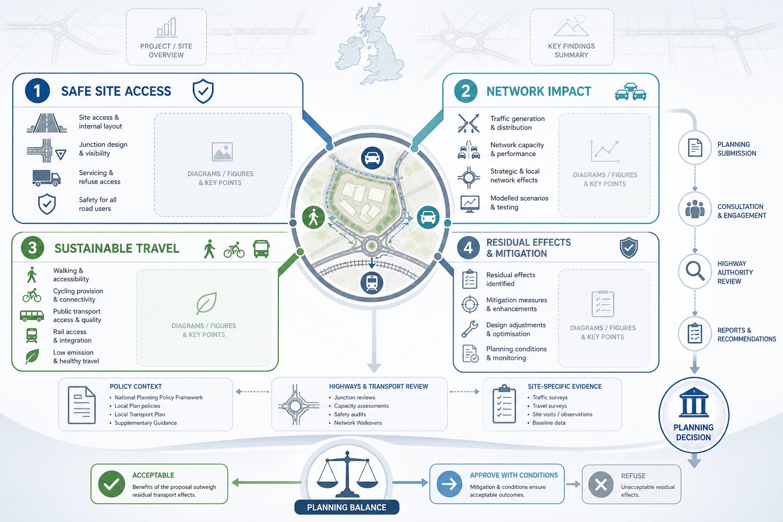 UK transport planning infographic showing access, network impact, sustainable travel, and mitigation.