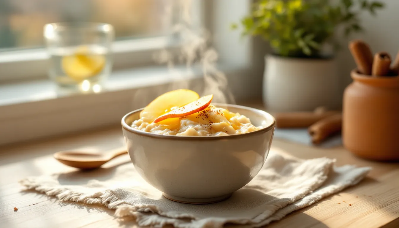 A warm bowl of oat porridge with ghee and cinnamon on a sunlit kitchen table.
