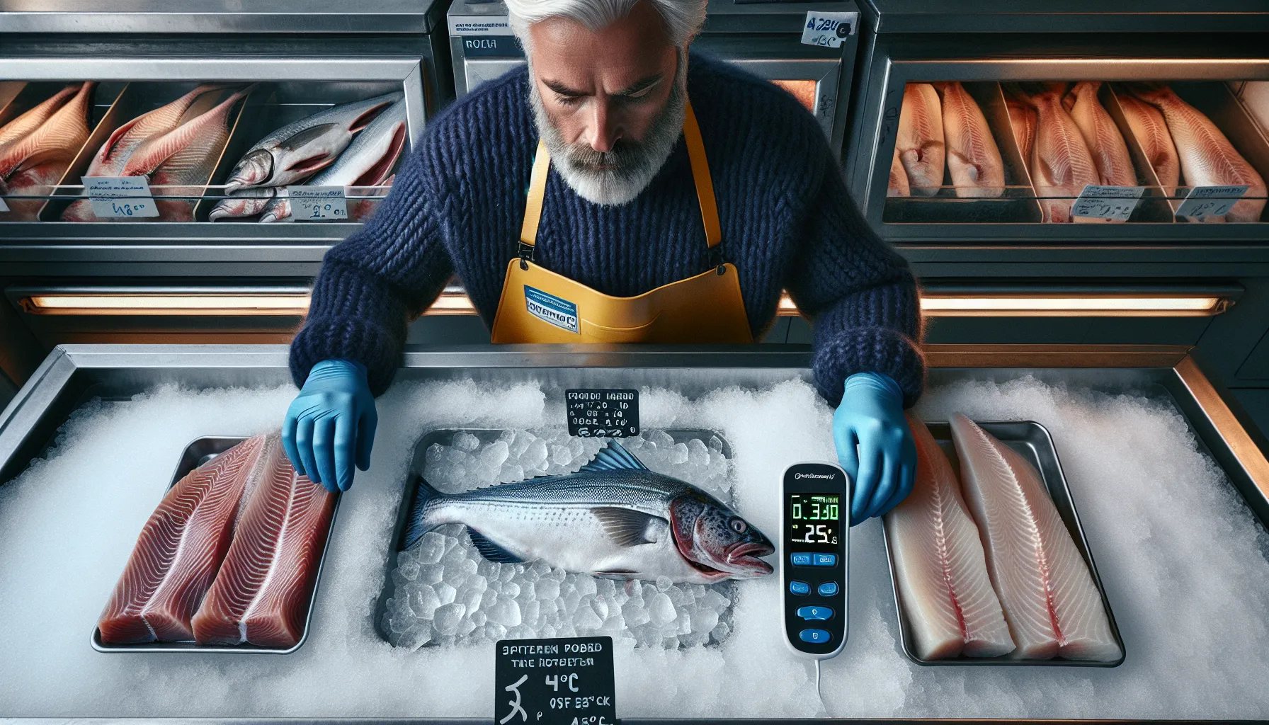Fersk eller frossen fisk – hva er best for miljøet og helsen? 2 Fishmonger compares fresh and frozen cod fillets with thermometers in norway.