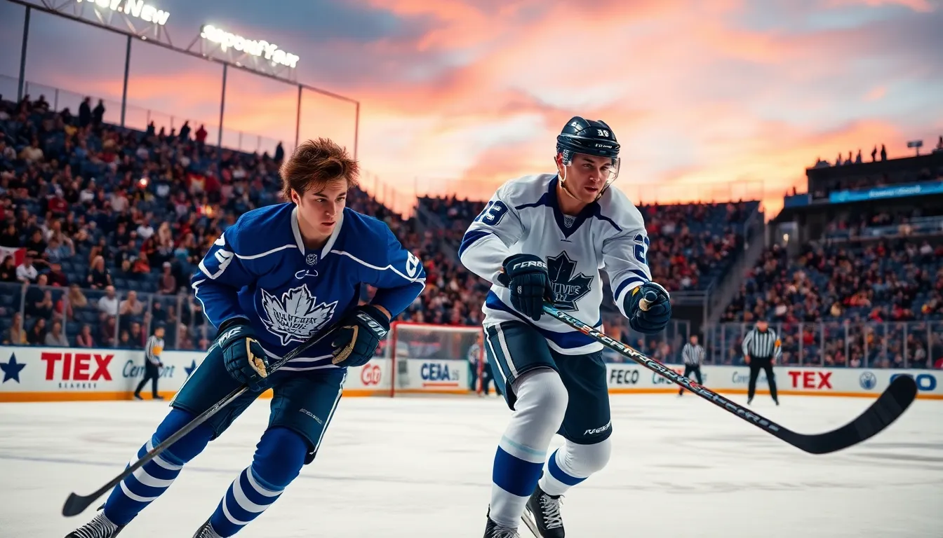 two hockey players competing intensely on the ice during a sunset game.