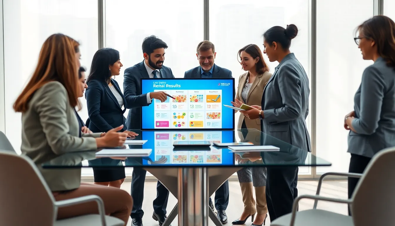 diverse professionals discussing lottery results in a modern office.