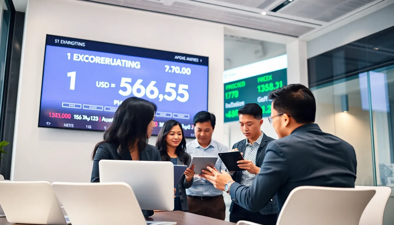 diverse team discussing currency exchange in a modern office.